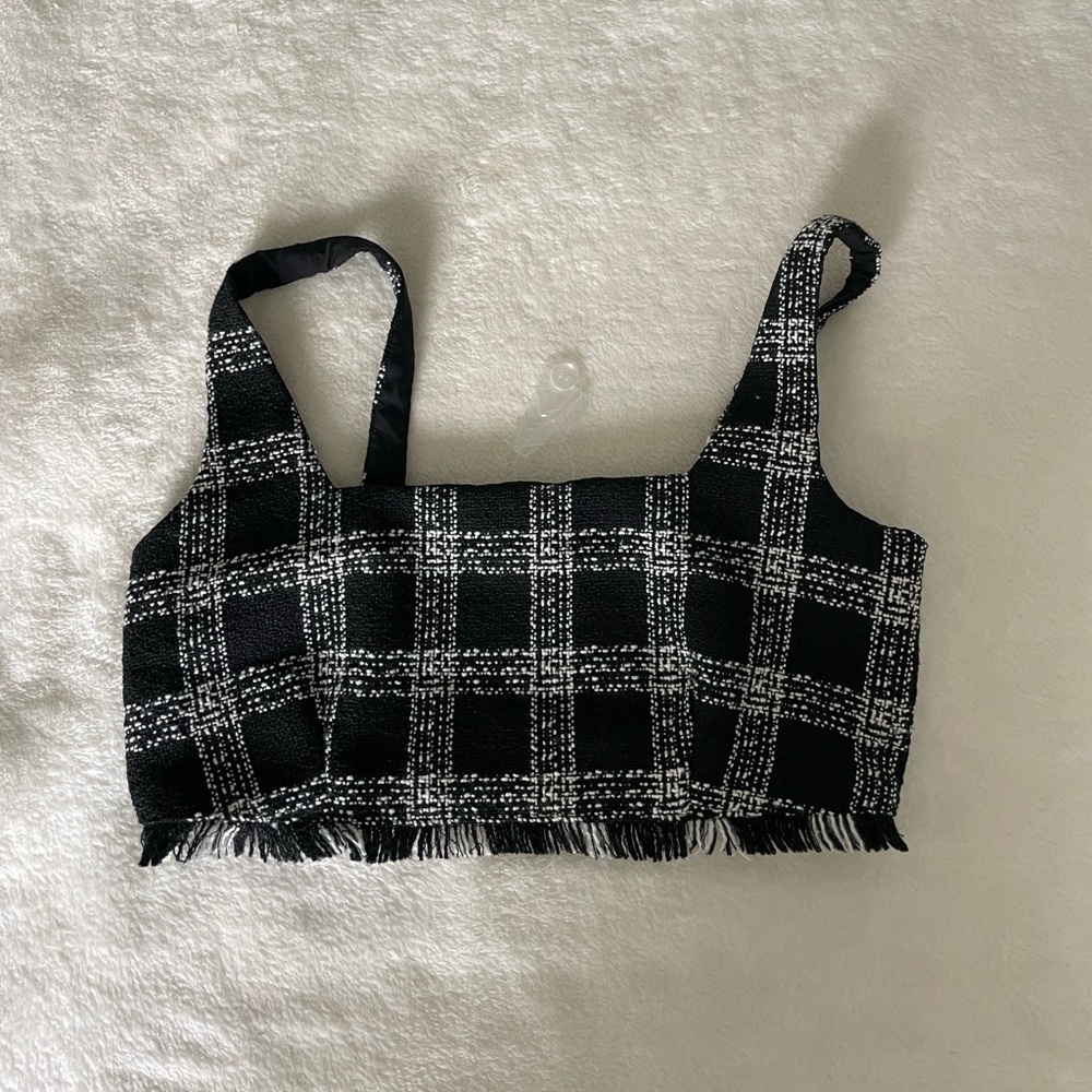 House of Harlow 1960 Black & White Plaid  Fringe Tweed Cropped Tank
